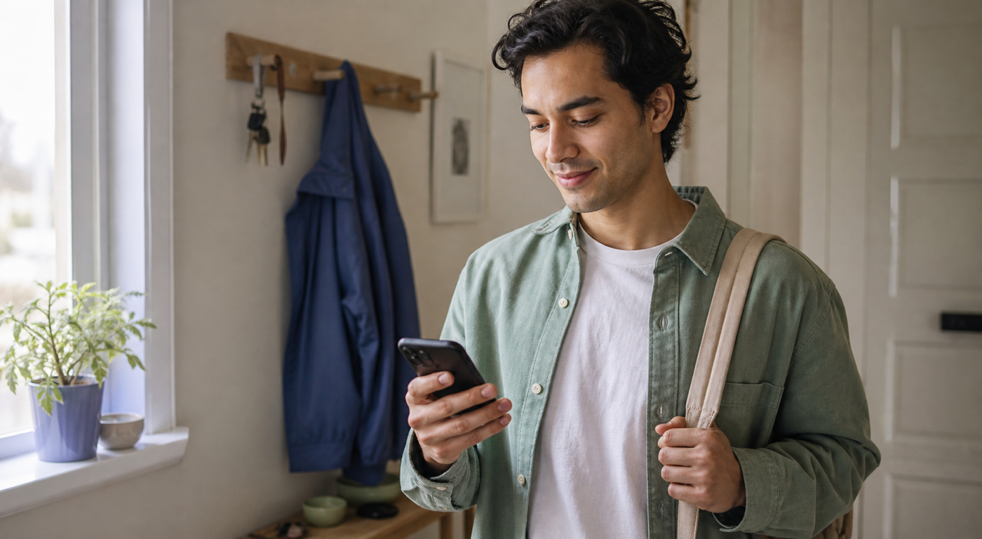 A person reviews the day’s schedule on a phone before leaving home.